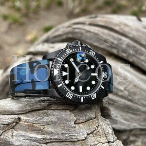 DIY Custom Made SUB MODS Watch NH35 Automatic Black Dial Blue Camo Rubber Band